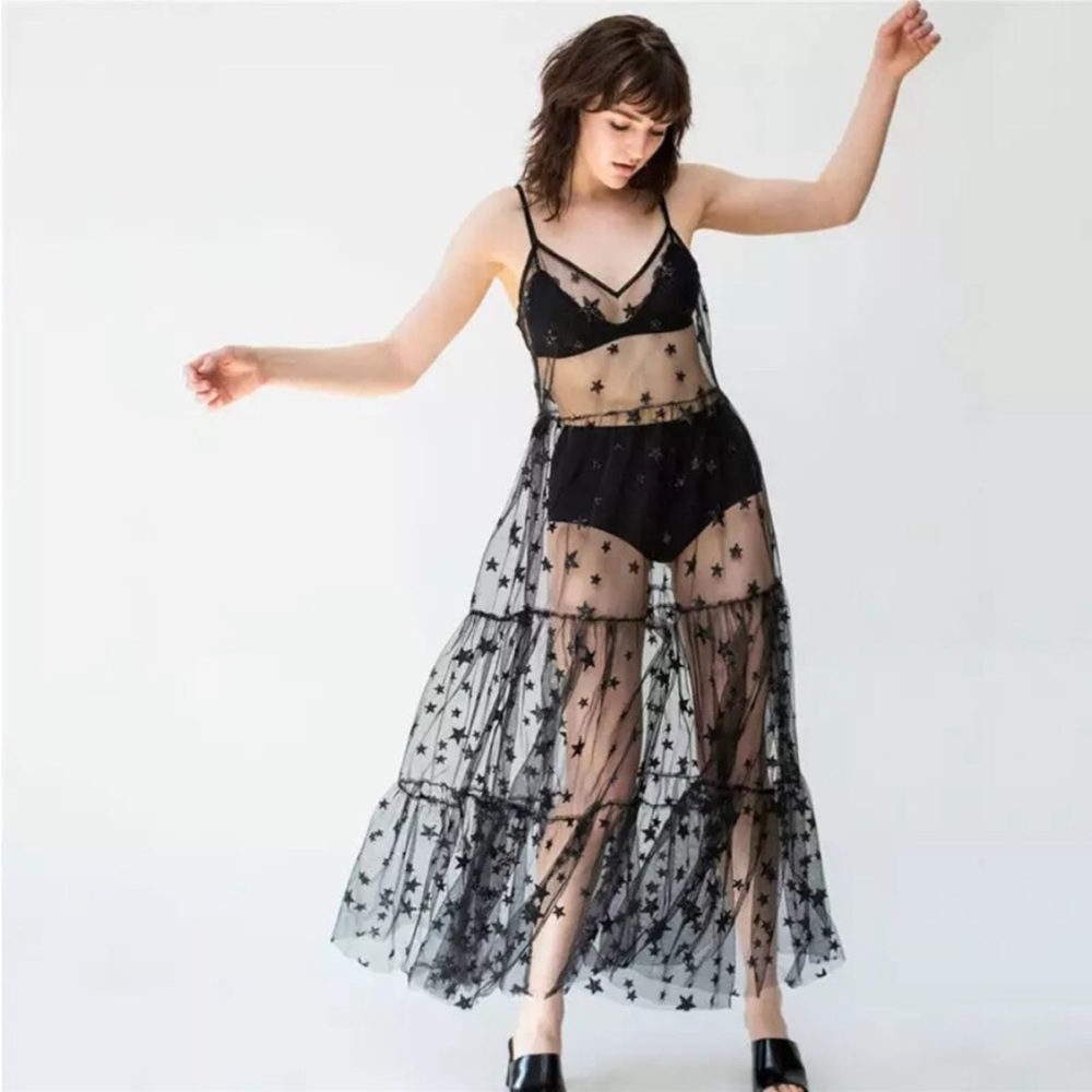 Noir Galaxy Sparkle Mesh Maxi Dress Cover Up